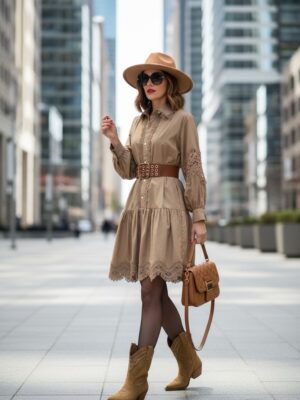 VESTIDO CAMISERO ENCAJE MARRÓN